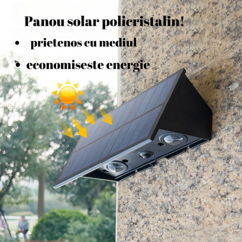 Casă & Grădină - Lampa Solara cu 2 LEDURI Puternice|Rezistenta Umiditate, Lumina LED Sus si Jos, Luminozitate Ridicata 43LM, Timp de lucru 7-10h, Senzor Lumina, Senzor miscare, Durata de viata peste 50000 h|ABS si PC,