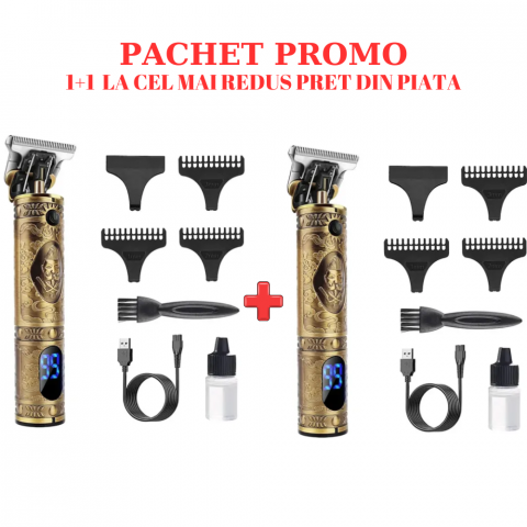 Frumusețe - Pachet PROMO 1+1 Trimer Profesional Contur si Detalii cu Lame Titan, Rezistenta la Apa, Autonomie Mare, Capacitate Acumulator LCD 1500 mAh, Auriu, Motor 10W 6500-7000 RPM, Silentios