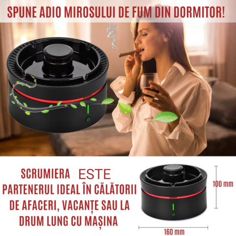 Scrumiera Electrica cu Aspiratie 360 grade a Fumului OneLucero®|Purificator Aer Inteligent, 3 Trepte de Viteza, Detectare Calitate Aer, Eliberare Ioni Negativi, Silentioasa, Odorizant Eliminarea Miros, Incarcare USB, 4000 mAh, Plastic/ Ceramica, Neagra [4]