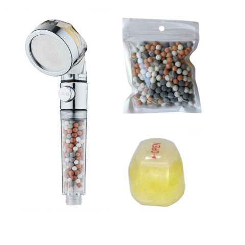 Sanitare - Set Para de Dus cu Vitamina C si Granule Minerale Filtrante, Filtru Ionic si Functie On/Off pentru Economie de Apa|Set Format din Para de Dus OneLucero®, Rezerva Vitamina C si Rezerva Granule Minerale