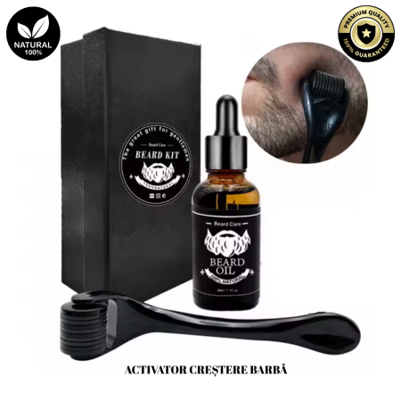 Frumusețe - Set Premium  Pentru Ingrijirea si Stimularea Cresterii Barbii, Ser Stimulator si Dermaroller 0.5 MM | Ingrediente Naturale, Ambalare Tip Cadou
