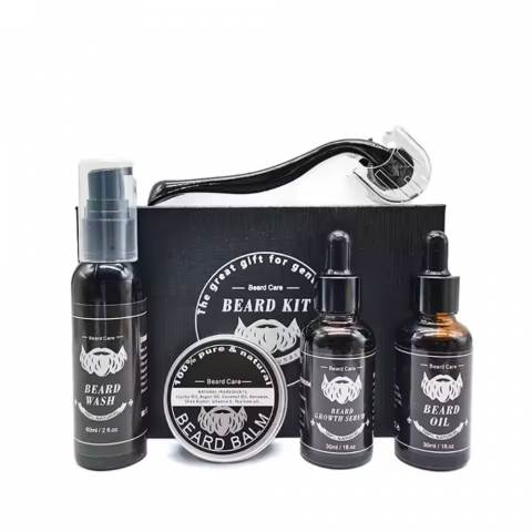 Frumusețe - Set Premium Ingrijirea si Stimularea Cresterii Barbii| Sampon, Ser Stimulare Crestere, Ulei Hidratare, Ceara si Roller> Stimuleaza Productia de Colagen|Ingrediente Organice, Ambalaj Tip CADOU