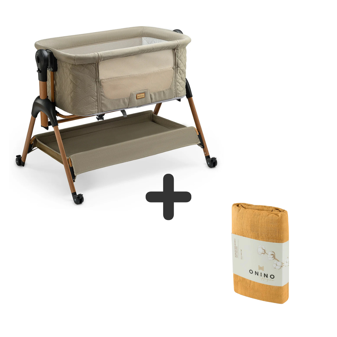 Patut co-sleeper NEST.me, Misty Taupe + GRATIS Muselina multifunctionala din bumbac 100% organic, HUG.me, Honey Gold, x1 bucata, 120 x 120 cm, certificata GOTS [3]