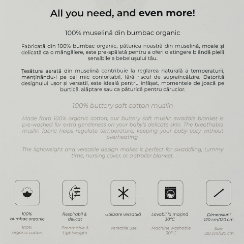 Muselina multifunctionala din bumbac 100% organic, SNUGGLE.me, Pure Life, x1 bucata, 120 x 120 cm, certificata GOTS [8]