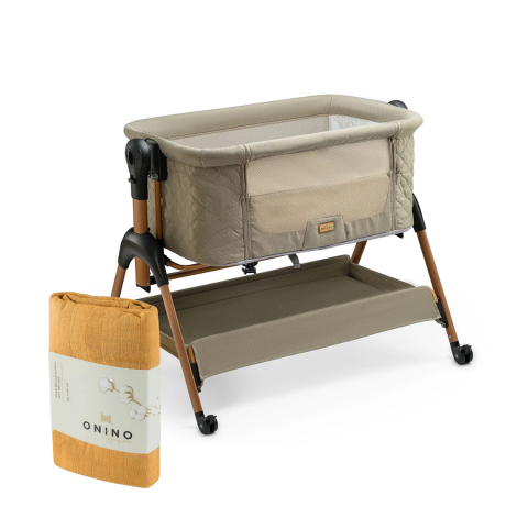 Camera copilului - Patut co-sleeper NEST.me, Misty Taupe + GRATIS Muselina multifunctionala din bumbac 100% organic, HUG.me, Honey Gold, x1 bucata, 120 x 120 cm, certificata GOTS