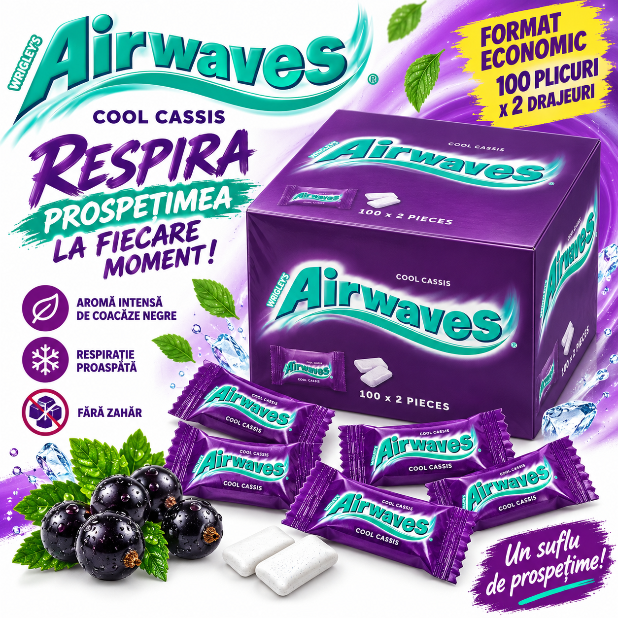 Airwaves Cool Cassis – Gumă de Mestecat cu Mentol și Coacăze Negre, 100 plicuri x 2 drajeuri [2]