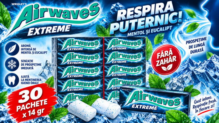 Airwaves Extreme - Gumă de Mestecat cu Mentol și Eucalipt, 30 pachete x 14 gr [2]