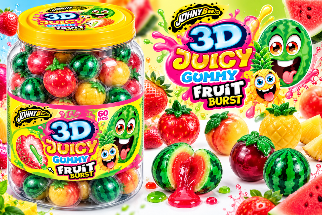 Johny Bee 3D Juicy Gummy Fruit Burst - Jeleuri 3D cu Umplutură Lichidă, 60 bucăți x 18 g [2]