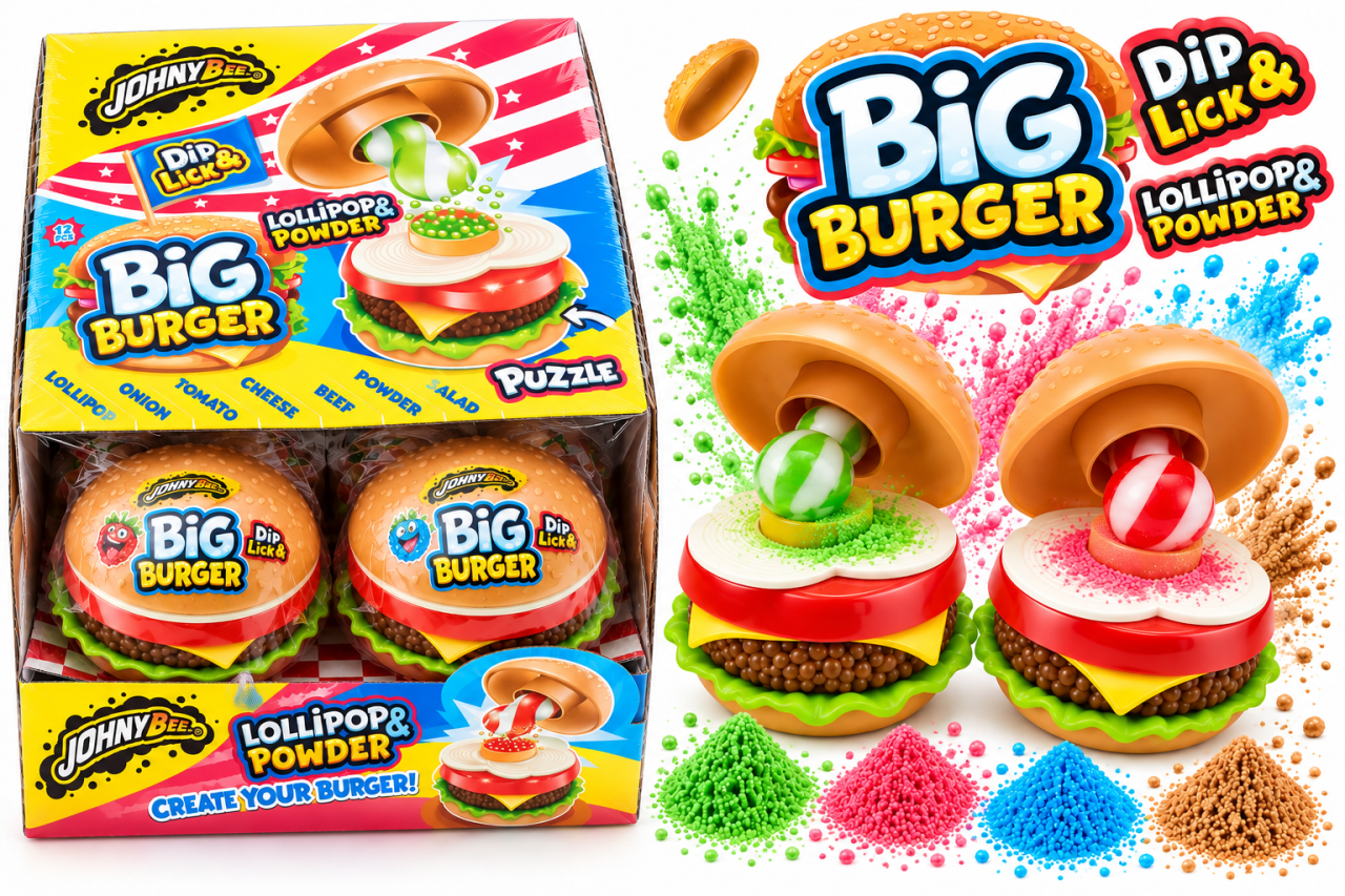 Johny Bee Big Burger Dip & Lick – Acadea cu Pudră Acrișoară și Jucărie Burger, 12 bucăți x 21 g [2]