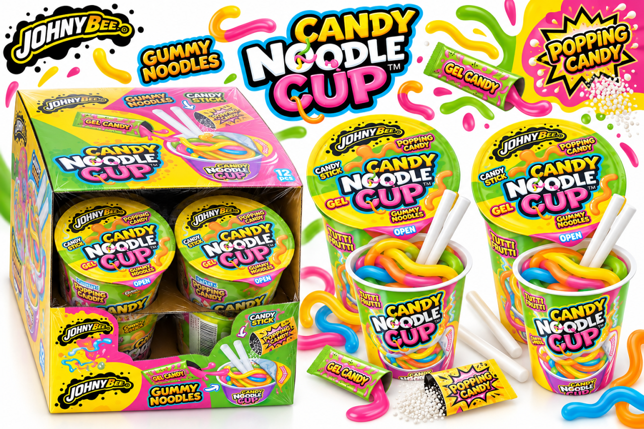 Johny Bee Candy Noodle Cup – Jeleuri Tip Tăiței cu Gel și Popping Candy, 12 bucăți x 55 g [2]