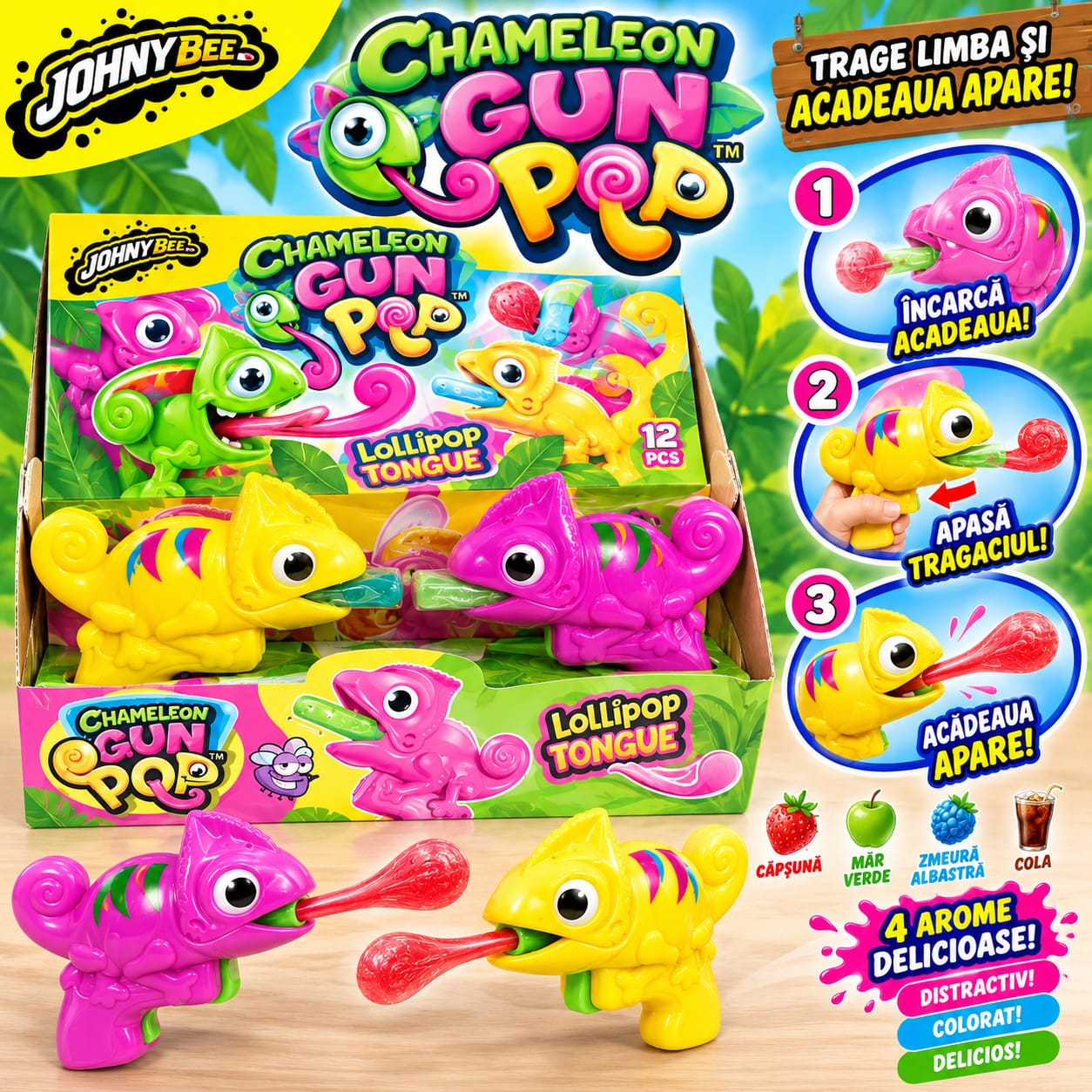 Johny Bee Chameleon Gun Pop – Acadea cu Jucărie Cameleon, Diverse Arome, 12 bucăți x 10 g [2]