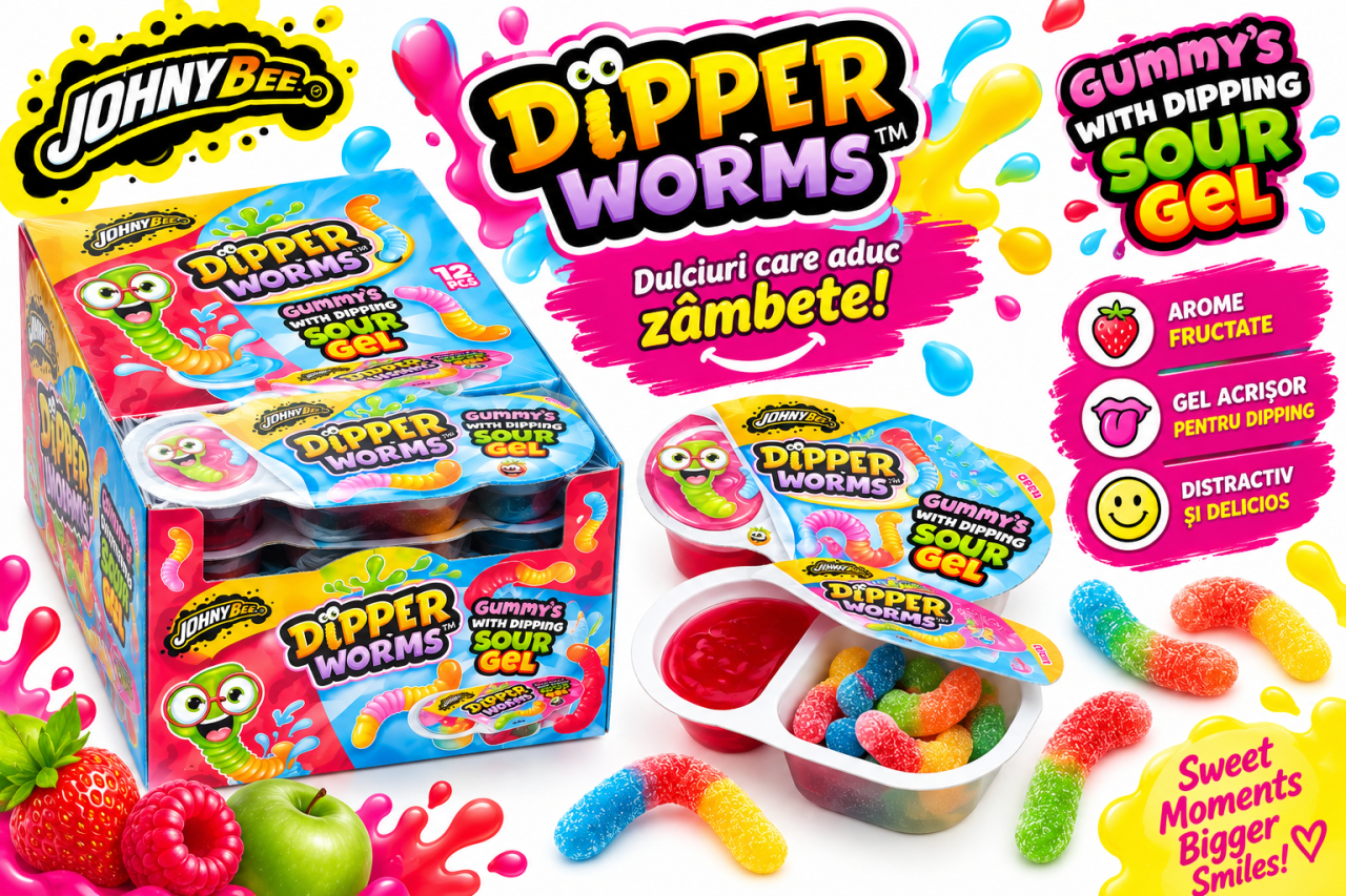 Johny Bee Dipper Worms – Jeleuri în Formă de Viermi cu Gel Acrișor, 12 bucăți x 60 g [2]