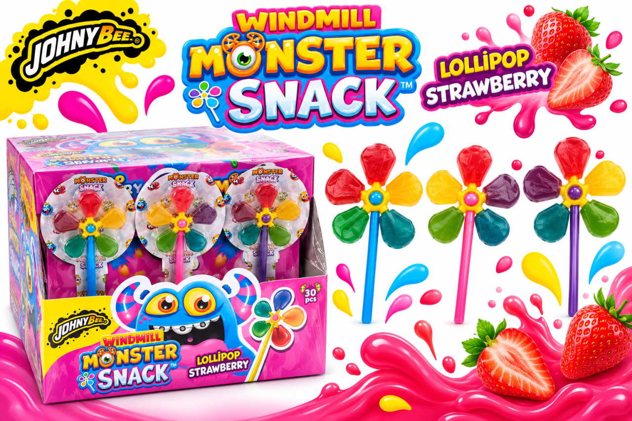 Johny Bee Windmill Monster Snack – Acadea Morişcă cu 5 Acadele, Aromă de Căpșuni, 30 bucăți x 16 g [2]