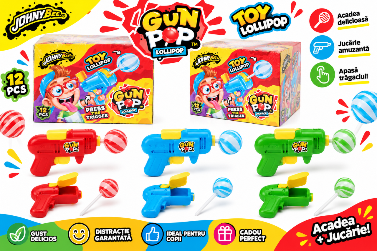 Johny Bee Gun Pop – Acadea cu Jucărie Tip Pistol, 3 Arome, 12 bucăți x 10 g [2]