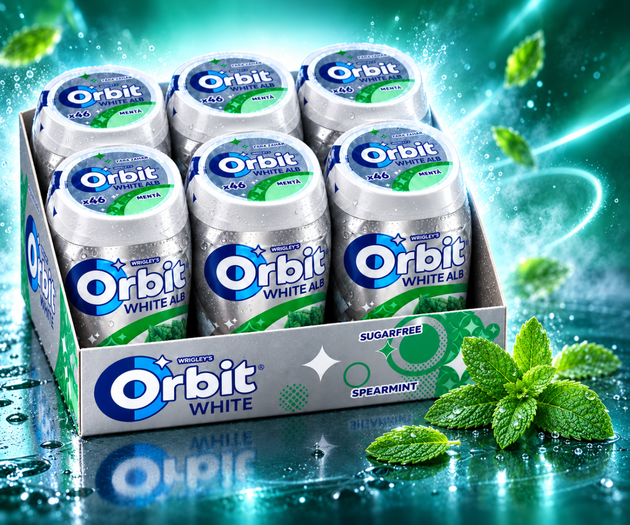 Orbit White Spearmint – Gumă de Mestecat fără Zahăr cu Aromă de Mentă Verde, 6 recipiente x 46 drajeuri [3]