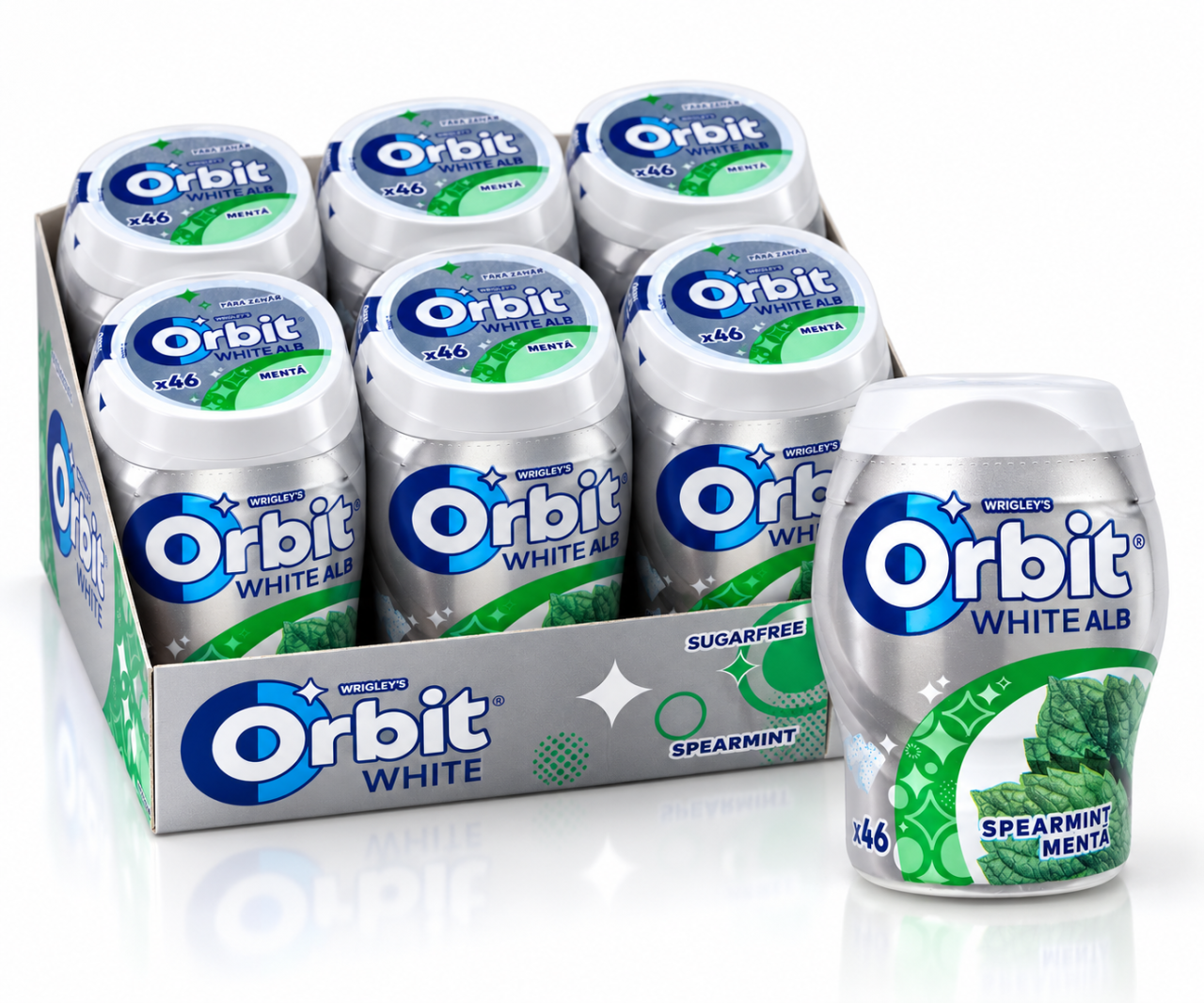 Orbit White Spearmint – Gumă de Mestecat fără Zahăr cu Aromă de Mentă Verde, 6 recipiente x 46 drajeuri [2]