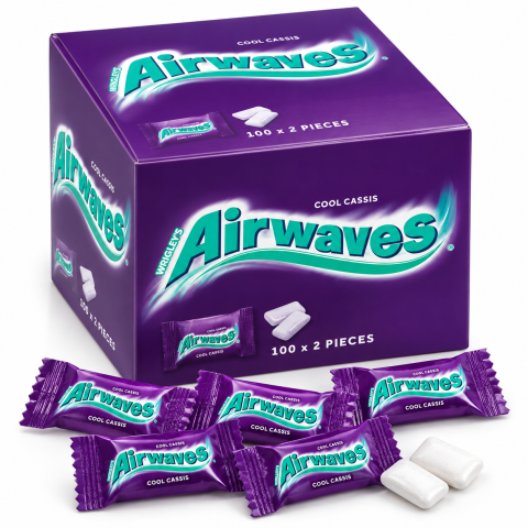 Bacanie - Airwaves Cool Cassis – Gumă de Mestecat cu Mentol și Coacăze Negre, 100 plicuri x 2 drajeuri