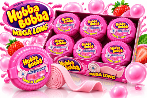 Guma de mestecat - Hubba Bubba Mega Long – Gumă de Mestecat cu Aromă de Fructe, 12 bucăți x 56 g