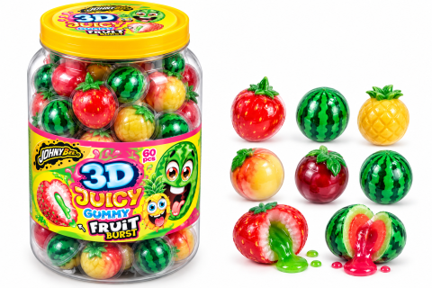 Dulciuri - JOHNY BEE - Johny Bee 3D Juicy Gummy Fruit Burst - Jeleuri 3D cu Umplutură Lichidă, 60 bucăți x 18 g
