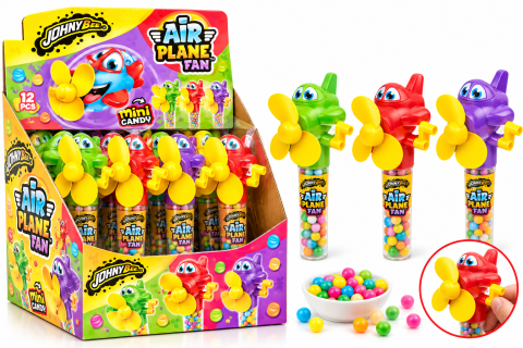 Dulciuri - JOHNY BEE - Johny Bee Air Plane Fan - Avion cu Elice și Drajeuri cu Aromă Tutti-Frutti, 12 bucăți x 8 g