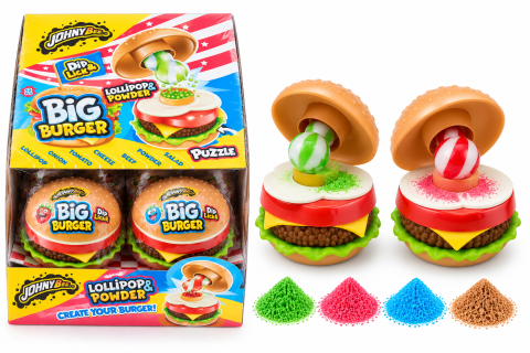 Dulciuri - JOHNY BEE - Johny Bee Big Burger Dip & Lick – Acadea cu Pudră Acrișoară și Jucărie Burger, 12 bucăți x 21 g