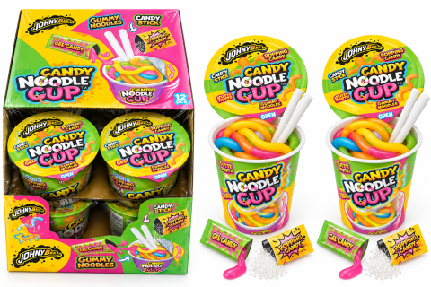 Dulciuri - JOHNY BEE - Johny Bee Candy Noodle Cup – Jeleuri Tip Tăiței cu Gel și Popping Candy, 12 bucăți x 55 g