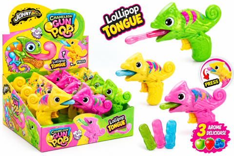 Dulciuri - JOHNY BEE - Johny Bee Chameleon Gun Pop – Acadea cu Jucărie Cameleon, Diverse Arome, 12 bucăți x 10 g
