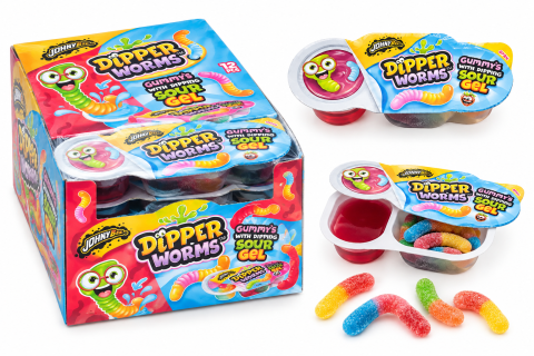Dulciuri - JOHNY BEE - Johny Bee Dipper Worms – Jeleuri în Formă de Viermi cu Gel Acrișor, 12 bucăți x 60 g