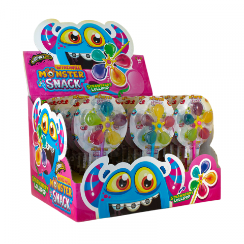 Dulciuri - Johny Bee Jucarie 5 Acadele in forma de Morisca - Windmill Monster Snack 30 bucati x 16g