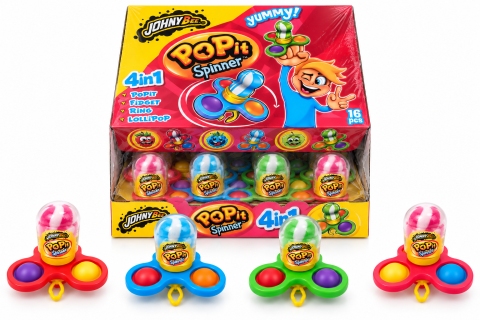 Dulciuri - JOHNY BEE - Johny Bee Pop It Spinner 4 in 1 – Acadea cu Jucărie Fidget Spinner și Pop It, 16 bucăți x 15 g