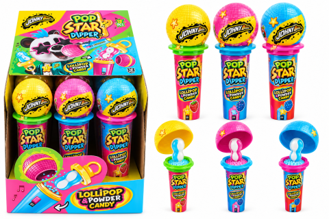 Dulciuri - JOHNY BEE - Johny Bee Pop Star Dipper – Acadea cu Pudră Acrișoară și Jucărie Microfon, 12 bucăți x 35 g