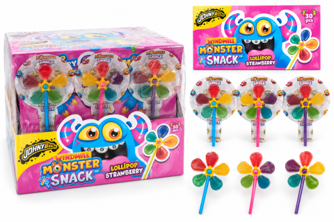 Dulciuri - JOHNY BEE - Johny Bee Windmill Monster Snack – Acadea Morişcă cu 5 Acadele, Aromă de Căpșuni, 30 bucăți x 16 g