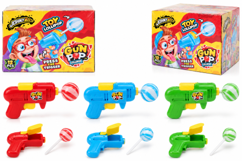 Dulciuri - JOHNY BEE - Johny Bee Gun Pop – Acadea cu Jucărie Tip Pistol, 3 Arome, 12 bucăți x 10 g