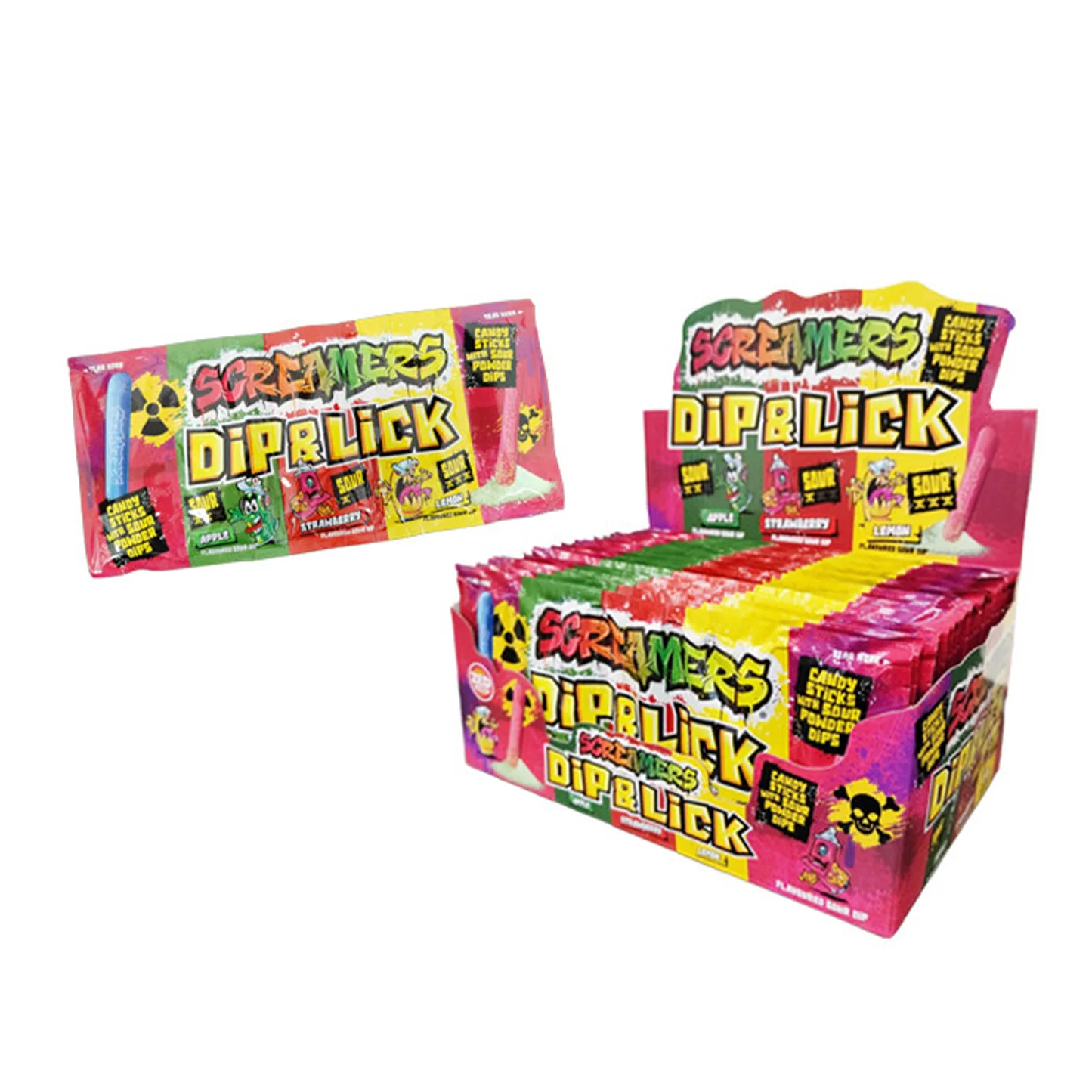 Dulciuri - Screamers Dip&Lick Sour Candy - Betisoare de bomboane cu gust de pudra acra 3 arome, 24 x 40gr