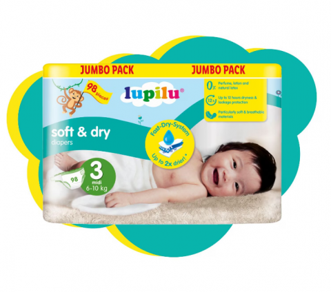 Scutece si articole pentru copii - Scutece Lupilu Jumbo Pack, 6-10 kg, Marimea 3, Soft and Dry 98 bucati