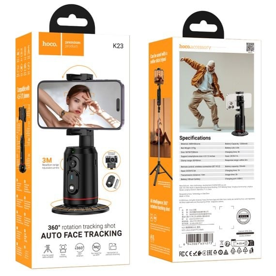 Hoco K23 - Suport tip Selfie, Face Auto-Tracking, 1200mAh, Rotativ 355°, telecomanda de control, Lotus, Negru [4]