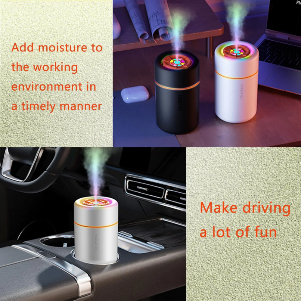 Mini Umidificator de aer cu difuzor aromaterapie si lumini LED, portabil, USB, rezervor 300ml, 2 moduri de functionare, lumini de noapte, umidificator camera si masina auto, Alb [1]