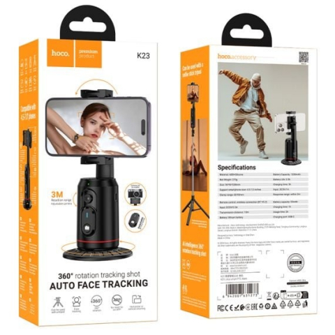 Hoco K23 - Suport tip Selfie, Face Auto-Tracking, 1200mAh, Rotativ 355°, telecomanda de control, Lotus, Negru [3]