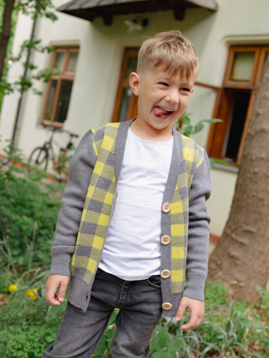 Cardigan Jacquard Galben-Gri din lână merinos [3]