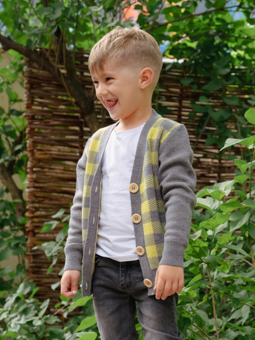 Cardigan Jacquard Galben-Gri din lână merinos [2]