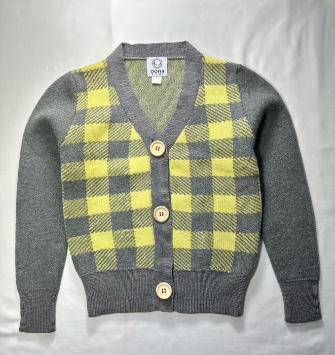 Cardigan Jacquard Galben-Gri din lână merinos [4]