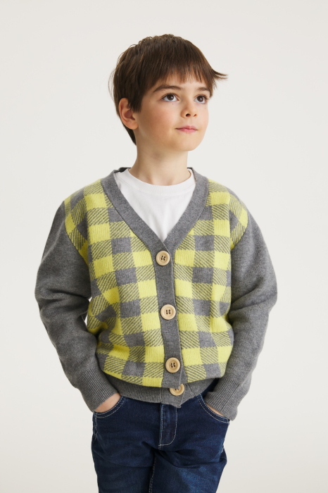 Cardigan Jacquard Galben-Gri din lână merinos [2]