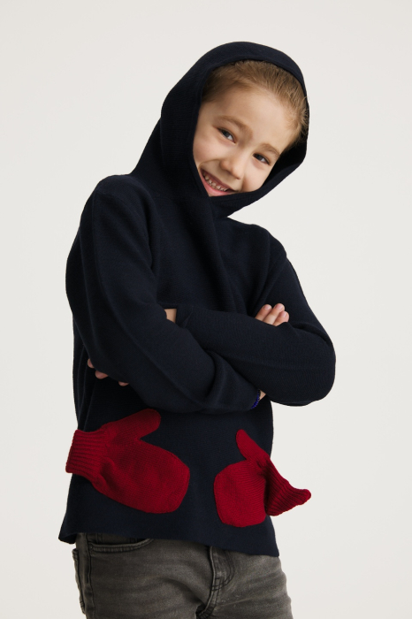 Hoodie Koala with Red Mittens in navy merino wool [3]