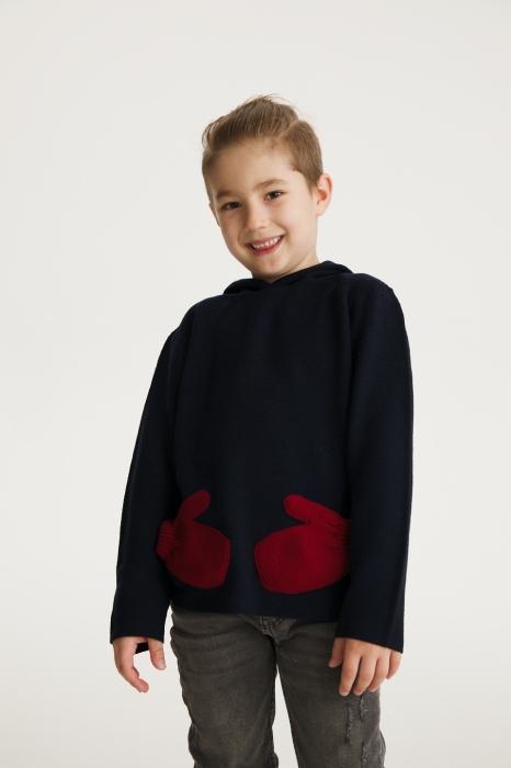 Hoodie Koala with Red Mittens in navy merino wool [4]