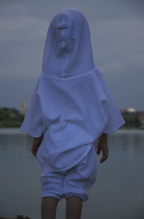 Poncho cu glugã Alb din muselină [6]