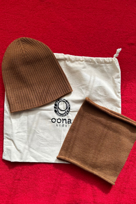 Set căciulă Rib și tub maro din lână merinos [2]