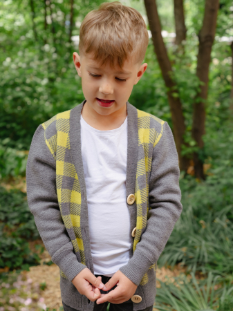 Pulovere și cardigane - Cardigan Jacquard Galben-Gri din lână merinos