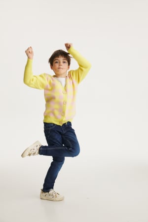 Pulovere și cardigane - Cardigan Jacquard Roz-Galben din lână merinos