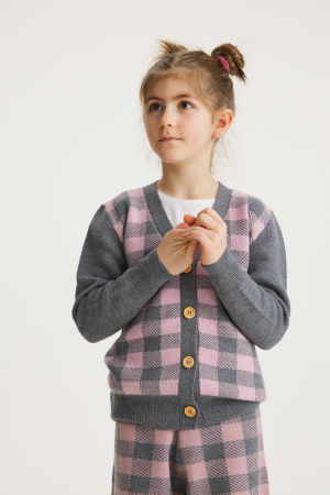 2-5 yrs - Cardigan Jacquard in Pink Grey merino wool