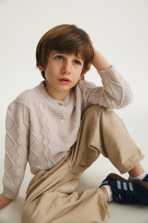 Pulovere și cardigane - Cardigan Nostalgia Bej din lână merinos